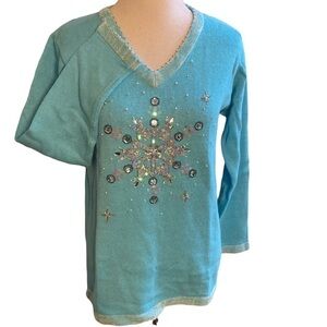 🌟Quacker Factory 3D Sky Blue Background Cotton Ramie Grandmacore Sweater Size S